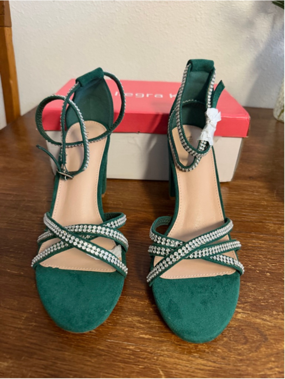 NEW Allegra K Rhinestone Crisscross Chunky Heel Sandals Dark Green Size 10 NIB